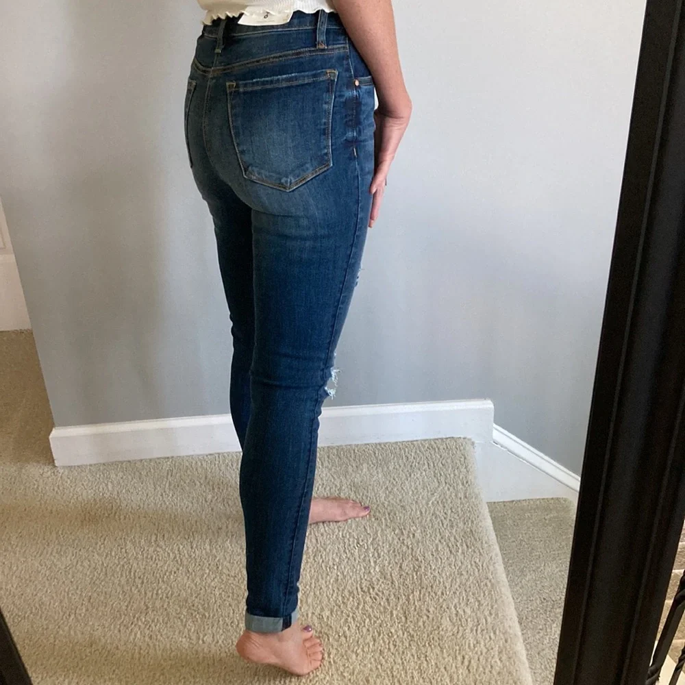 Dark Denim Mid Rise Ankle Skinny Distressed Jeans - Picture 5 of 8